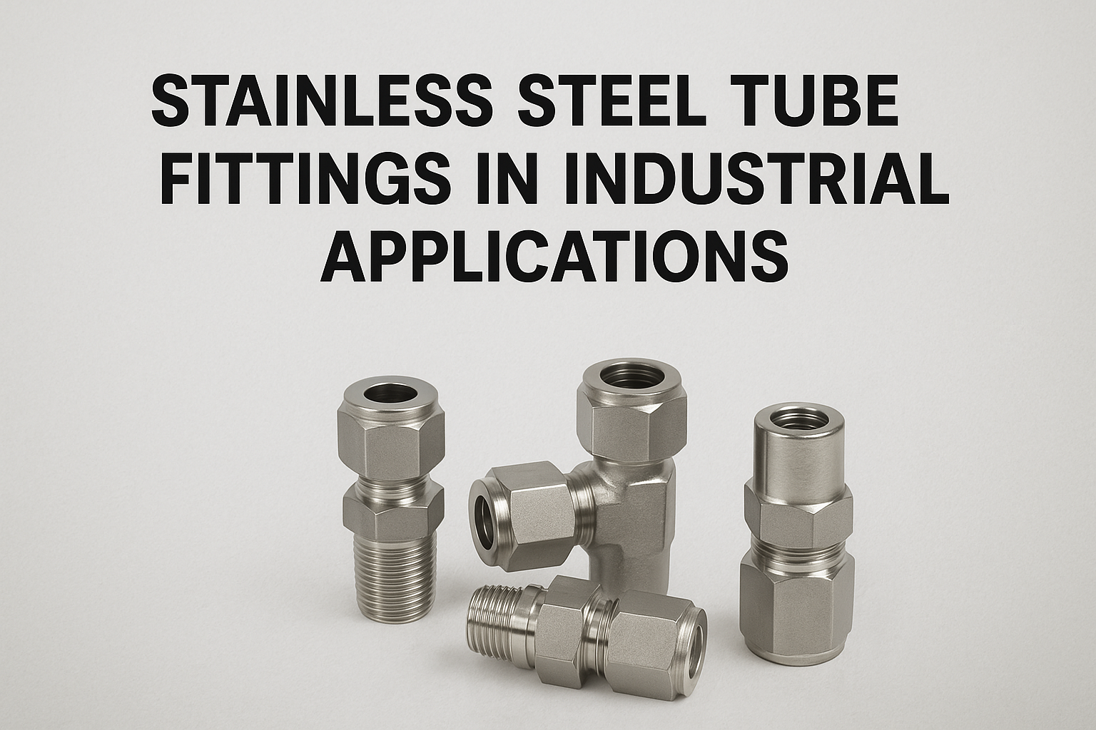 A close-up of stainless steel tube fittings used in various industrial piping systems