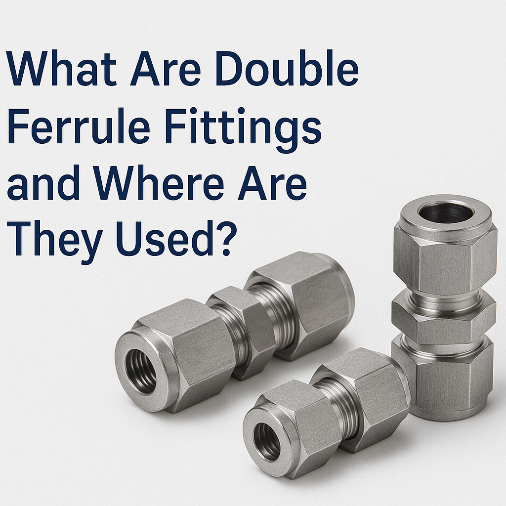 Stainless steel double ferrule fittings displayed on a neutral background for high-pressure tube connections